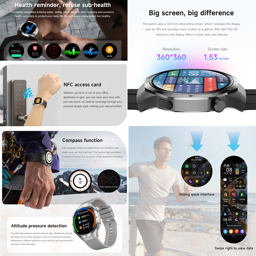 Smartwatch 2025 dla mężczyzn Huawei Kompas sportowy Na zewnątrz NFC Połączenie Bluetooth GPS Tętno Zdrowie Wodoodporny Smartwatch pogodowy