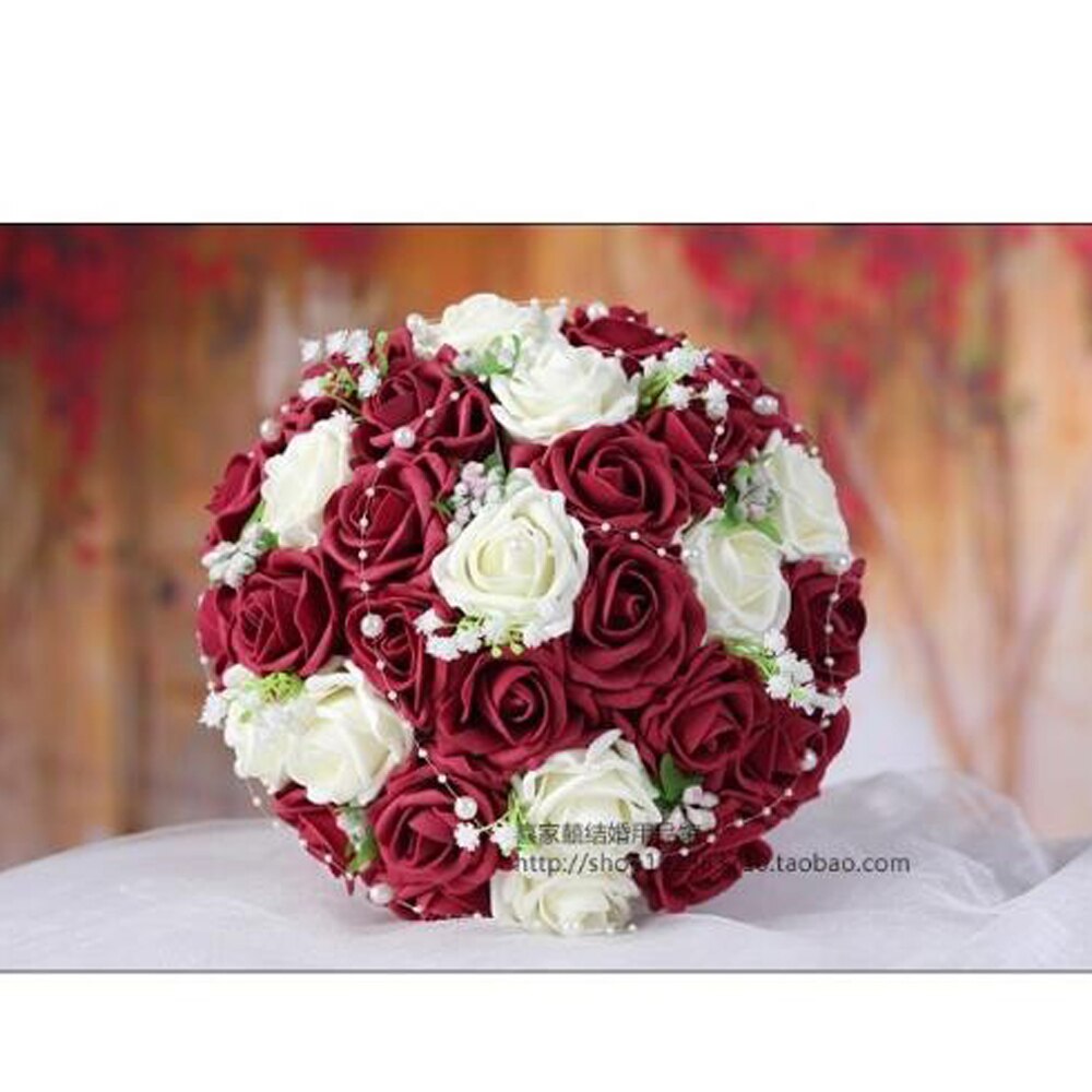 Burgunder og hvit håndlagde blomster dekorative kunstige roser blomster perler brud brude blonder aksenter bryllupsbuketter