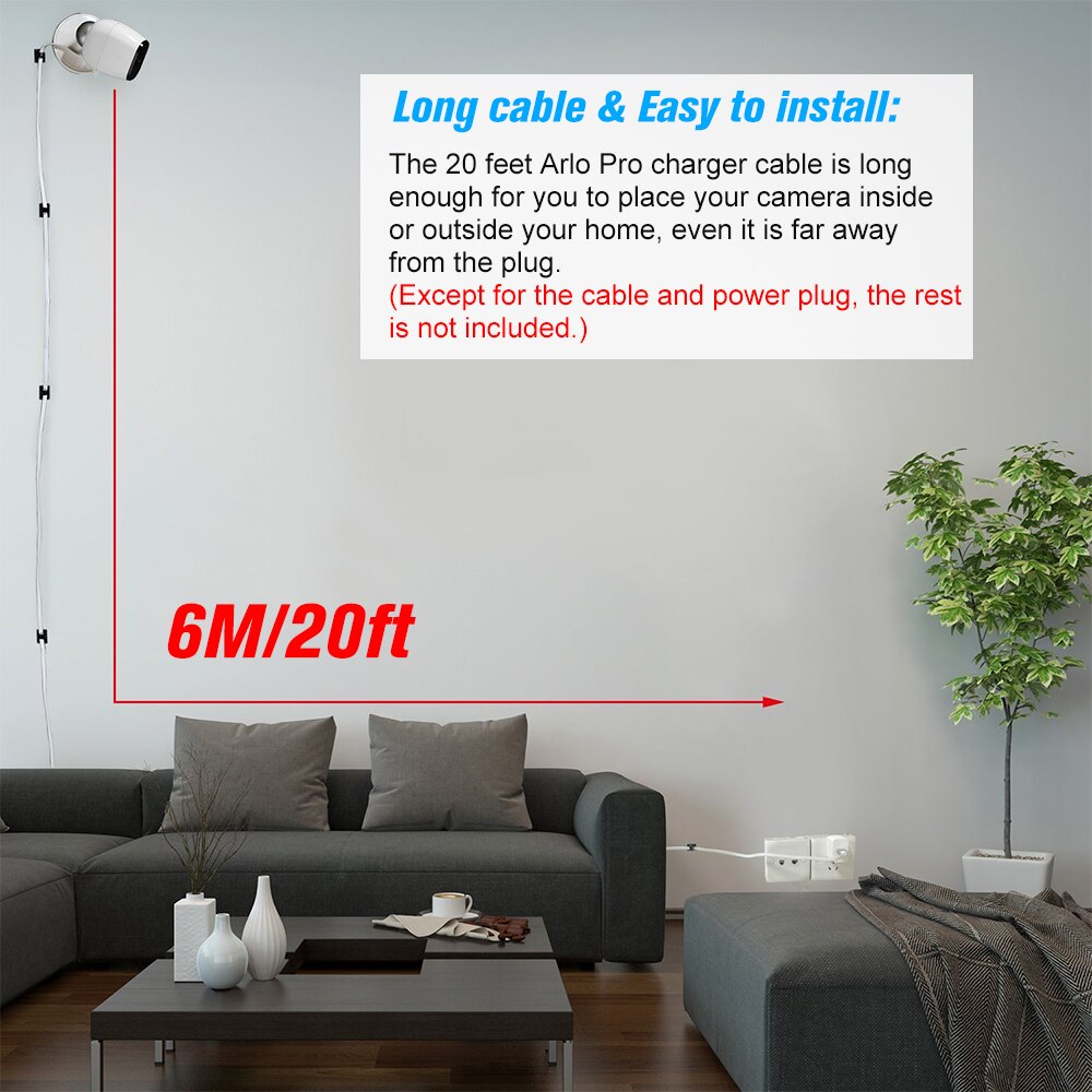 Câble d'alimentation de charge 6M/20ft convient pour Arlo Pro Arlo GO câble plat câble Micro USB cordon d'alimentation de charge