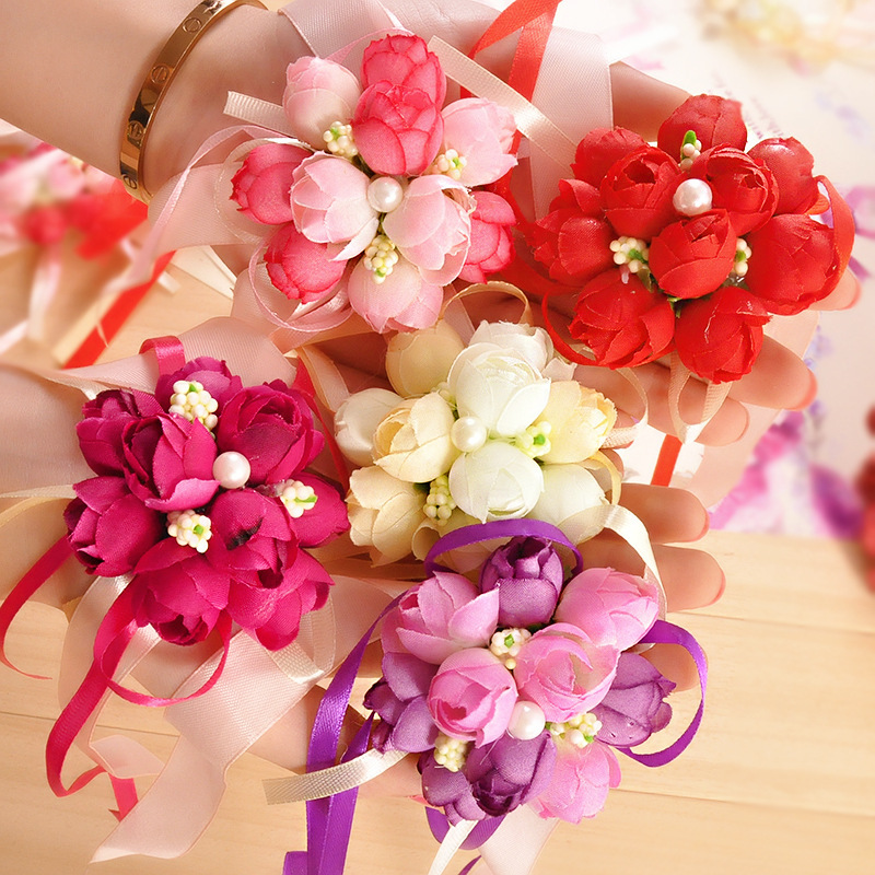 1pc Wrist Flower Rose Silk Ribbon Bride Corsage Hand Decorative Wristband Bracelet Bridesmaid Curtain Band Clip Bouquet