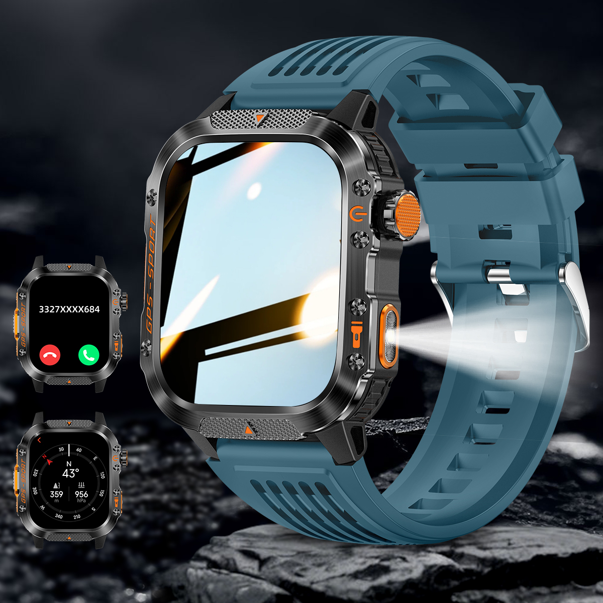 Nuovo accorto guarda costruito-in GPS a doppia frequenza Chiamata senza fili 3ATM Torcia portato impermeabile Bussola sport tutto'aria aperta da uomo Smartwatch: verde