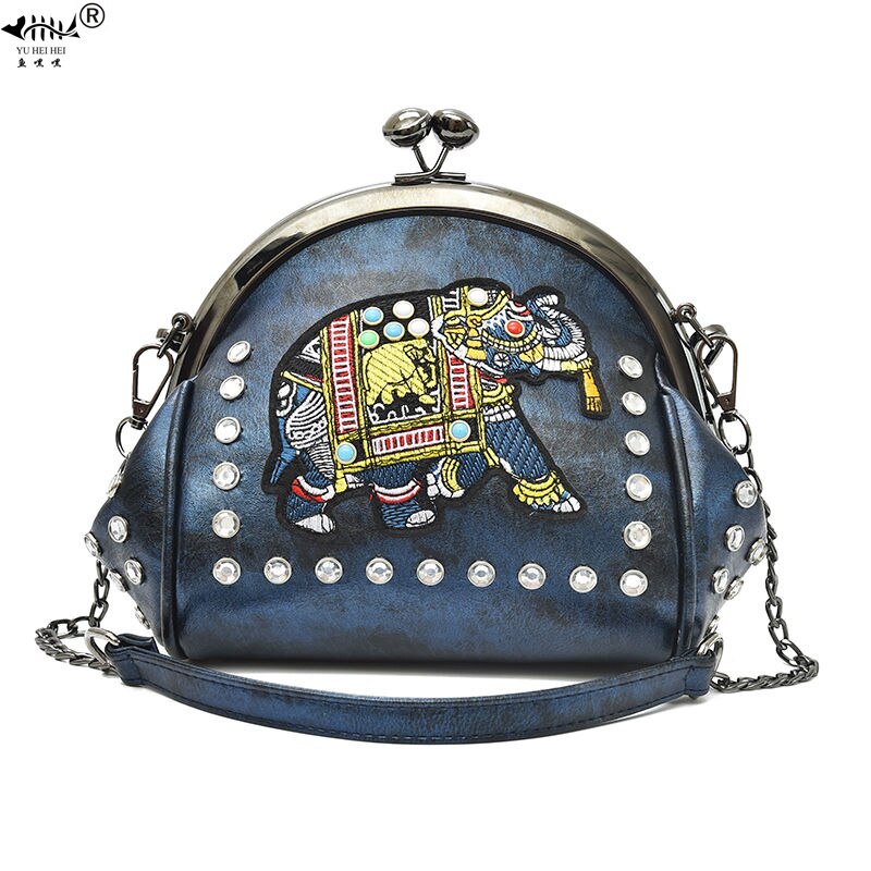 Embroidery Elephant Bag Lock Shell Bags PU Leather Chain Women Shoulder Crossbody Bag 48 pcs Insert Diamonds Women&#39;s Handbags