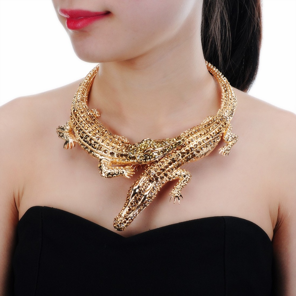 Jerollin stora två krokodiler halsband inlägg hel strass kvinnor stor choker legering uttalande smycken haklapp maxi halsband