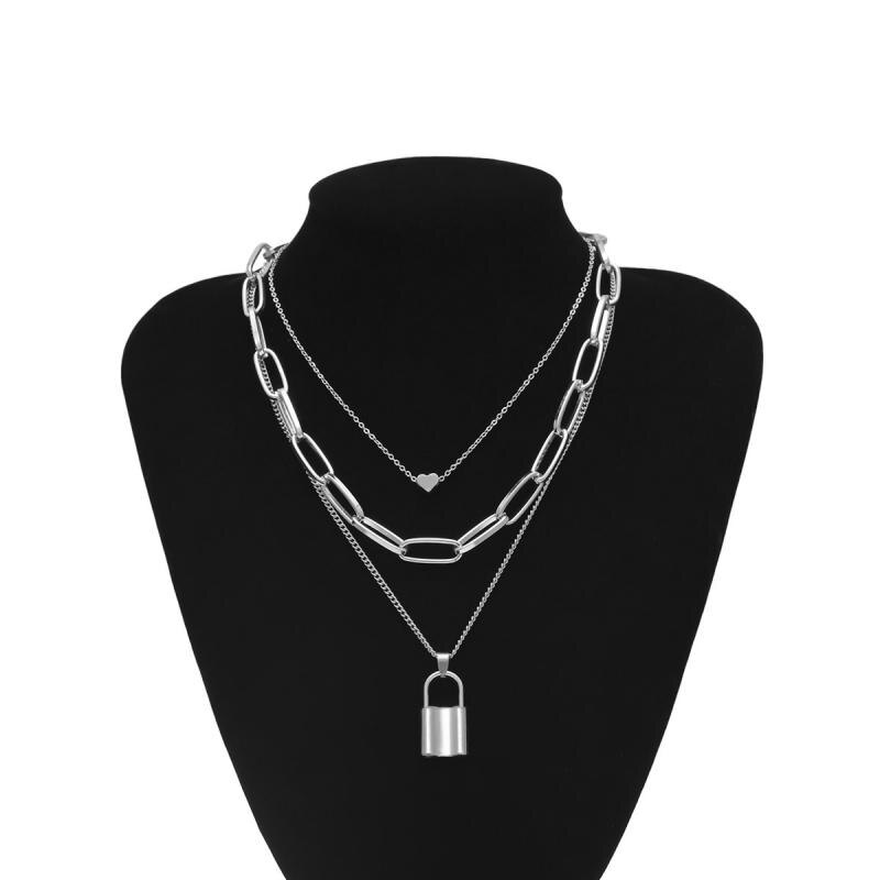 Double-layer Alloy Chain Double-layer Collar Simple Concentric Lock Key Element Pendant Necklace Femal