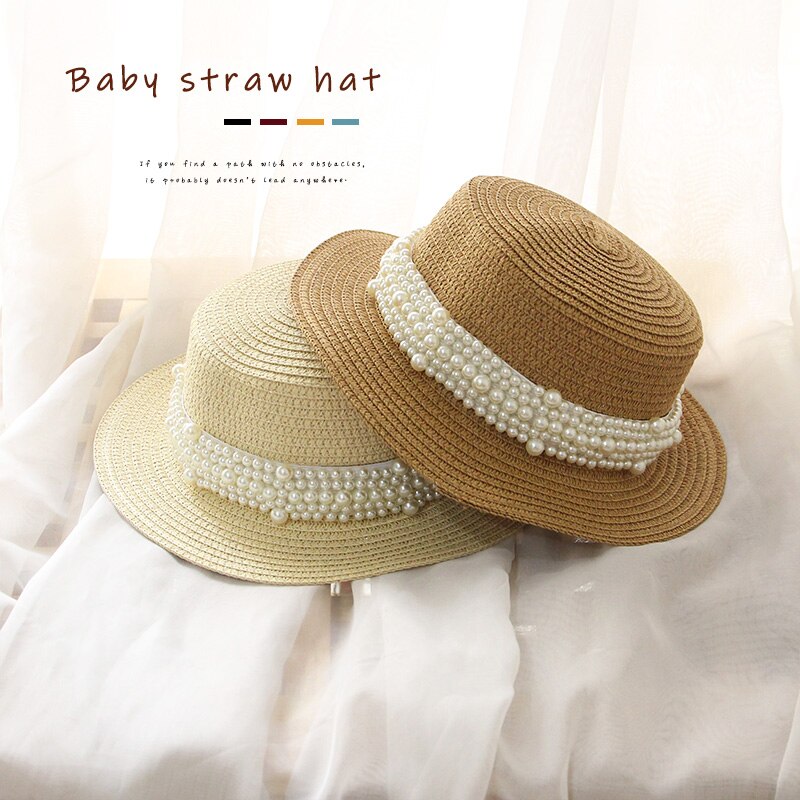 Kids Meisjes Schipper Strohoed Outdoor Brede Rand Zee Zomer Strand Platte Top Zon Caps Met Parel Decoratie Panama Stro cap