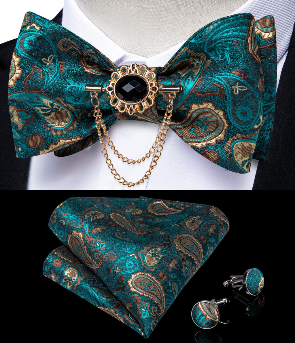 Luxury Gold Black Paisley Self Tie Men&#39;s Bow Tie Silk Woven Wedding Party Butterfly Ties Hanky Brooch Pin Set Tuxedo Bow DiBanGu: HL-3007-0009