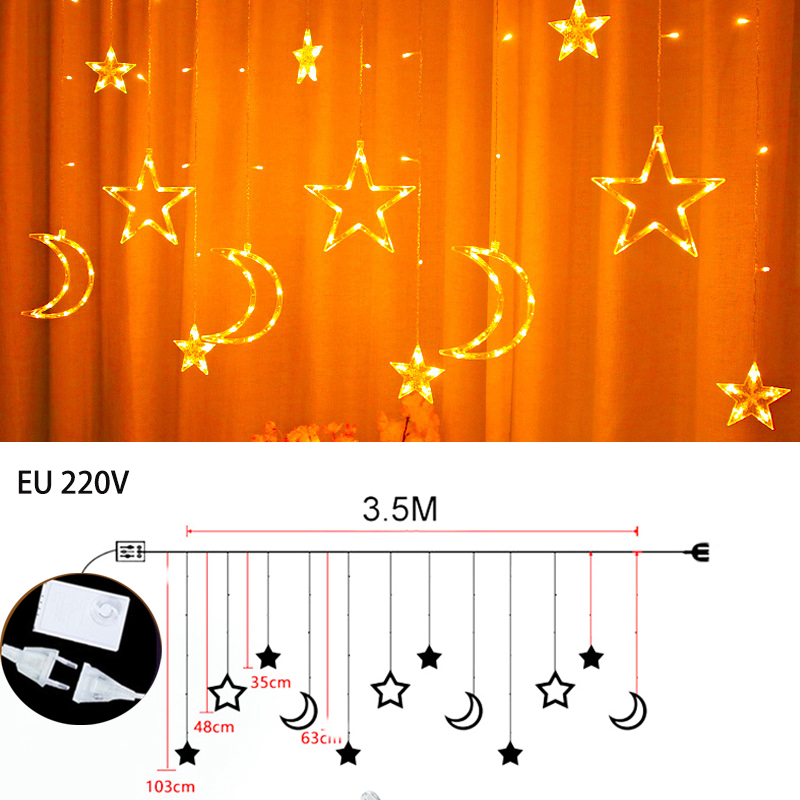 Mond Sterne LED Lichterkette Schnur Weihnachten Neue Jahr Girlande Vorhang Lampe Ramadan Dekoration Für Heimat Schlafzimmer Fenster Eid Mubarak: EU 220v Gelb