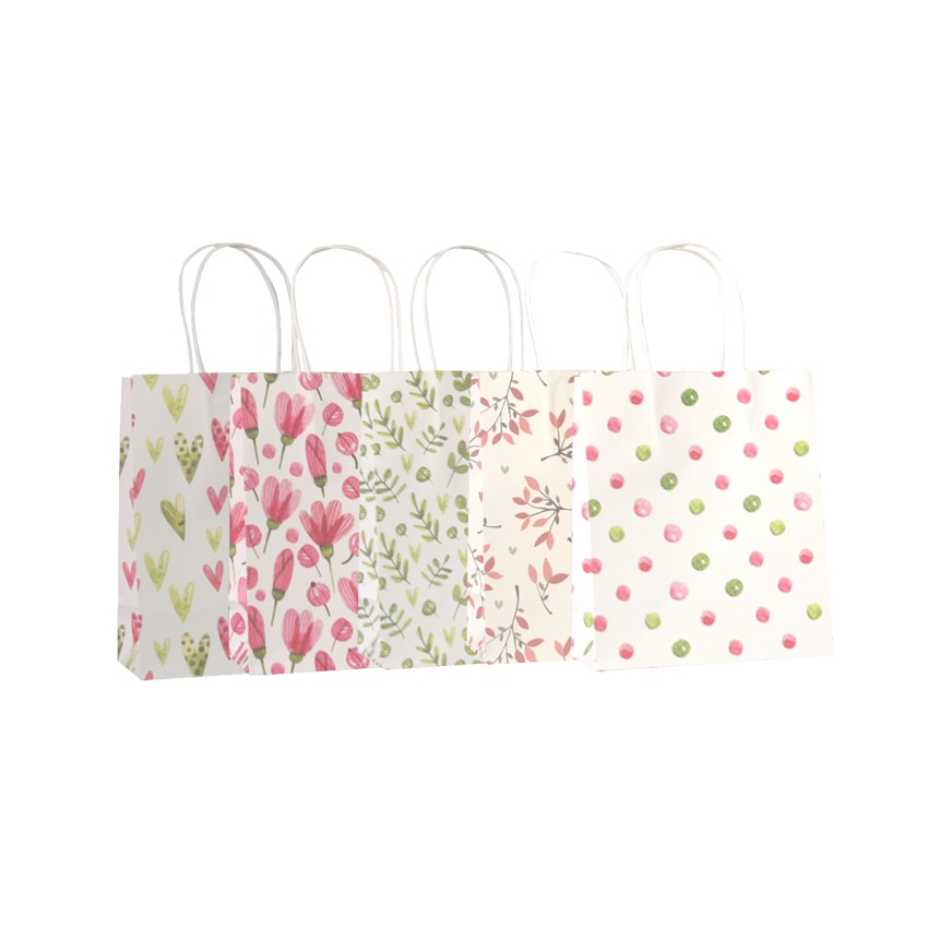 10 Stks/partij Eenvoudige Bloem Gedrukt Kraftpapier Festival Bags Papieren Zakken Met Handvatten Kinderen Bags 18x15x8cm