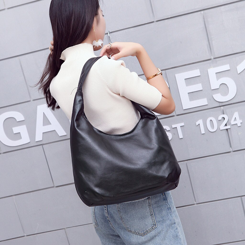 Foldable Shopping Bag Reusable Tote Pouch Folding Travel Shopper Bag Black PU Handbag Shopping Bags #F