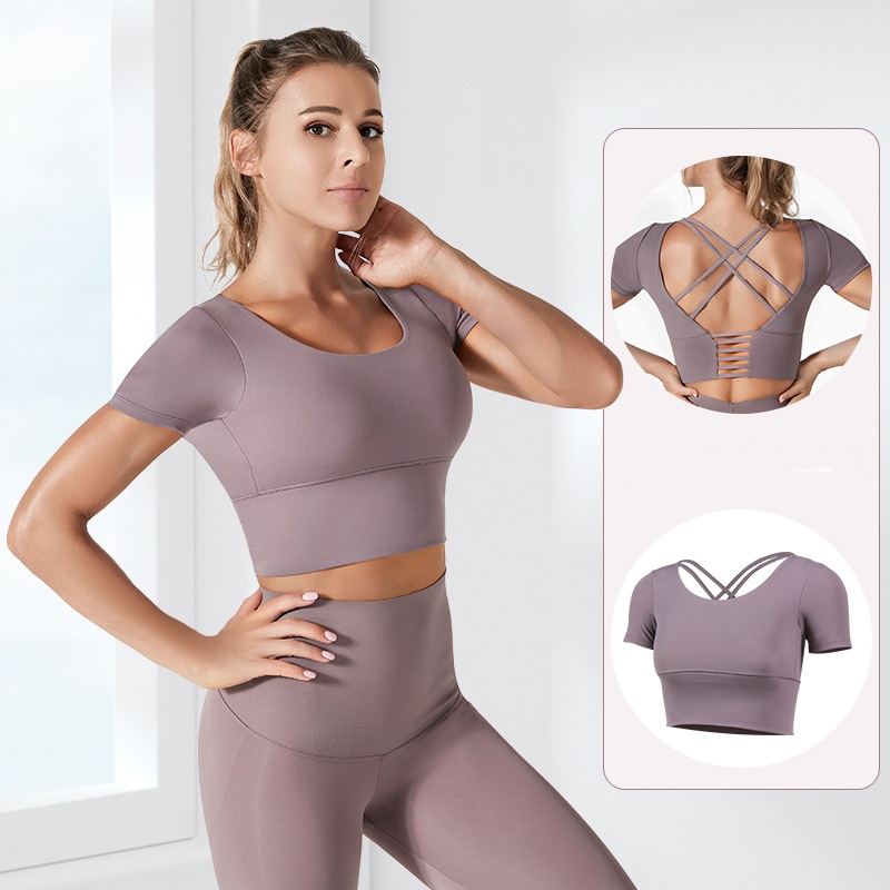 LEOSOXS Yoga Hemden trainieren offen zurück oben Langarm Ernte oben Frauen Frühling Herbst Fitnessstudio überqueren zurück Sport Shirt Kurzarm