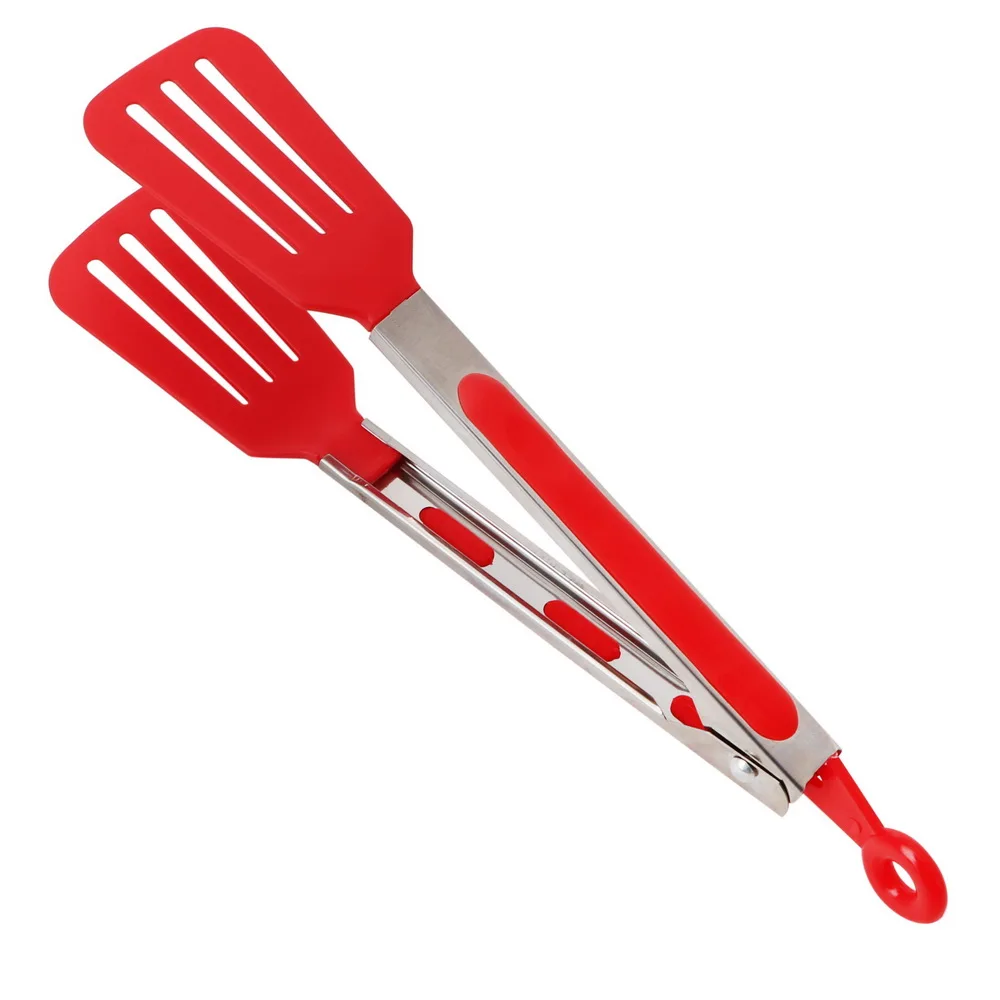 Ferramentas de cozinha pinças de cozinha antiaderentes alça de aço inoxidável utensílio pizza pão bife clipe salada servindo pinças para churrasco: Vermelho