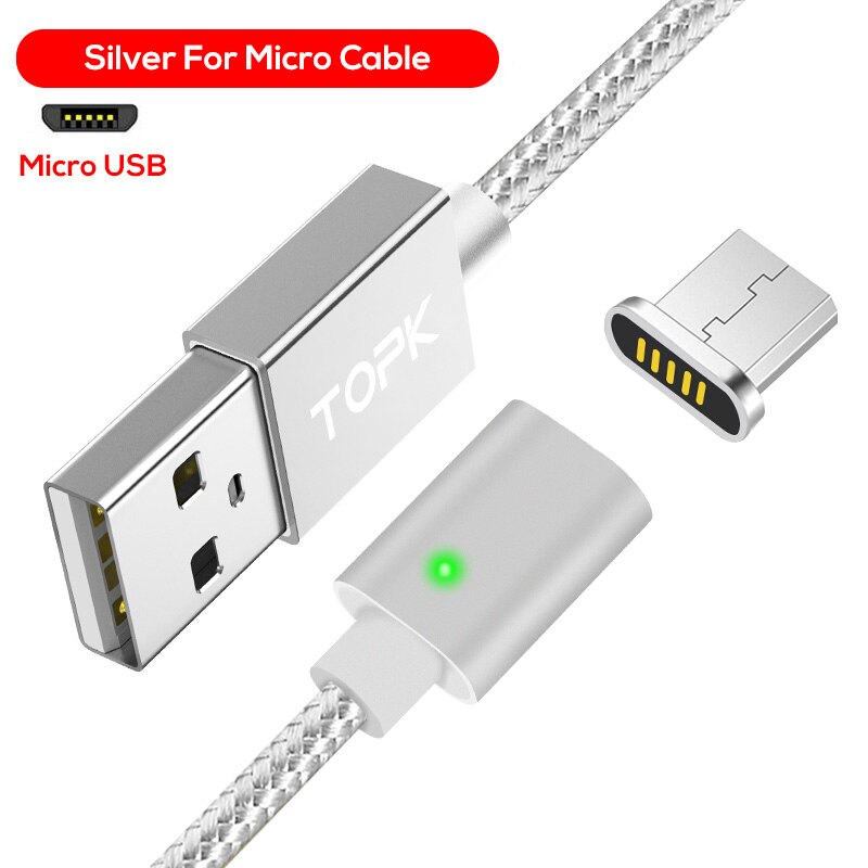 TOPK 1M 2M 2.4A Magnetische Mikro USB Kabel, aufgerüeingestellt Nylon Geflochtene LED-anzeige USB Ladekabel für Mikro USB Handys Für Samsung: Silber- / 2M