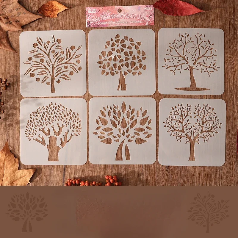 6 unids/set de plantillas de la serie de árboles para pintar y decorar, plantillas de plantillas de árbol de hueco para álbum de recortes, diario, suministros para estudiantes: Negro