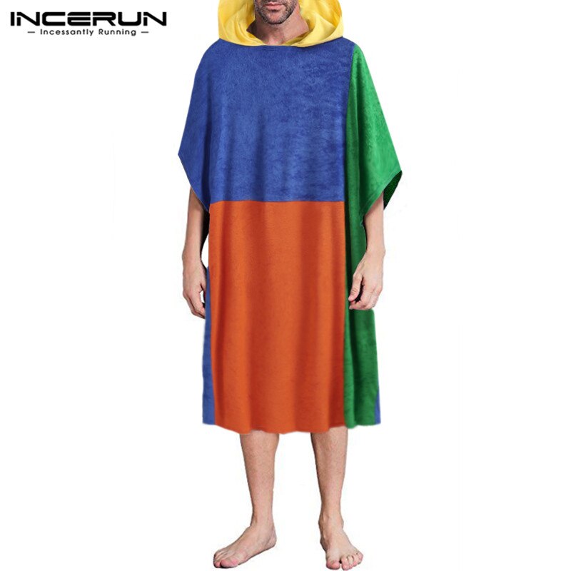 Men Patchwork Bathrobes Casual Hooded Short Sleeve Nightgown INCERUN Man Loose Colorful Stitching Comfortable Sleep Robes S-5XL