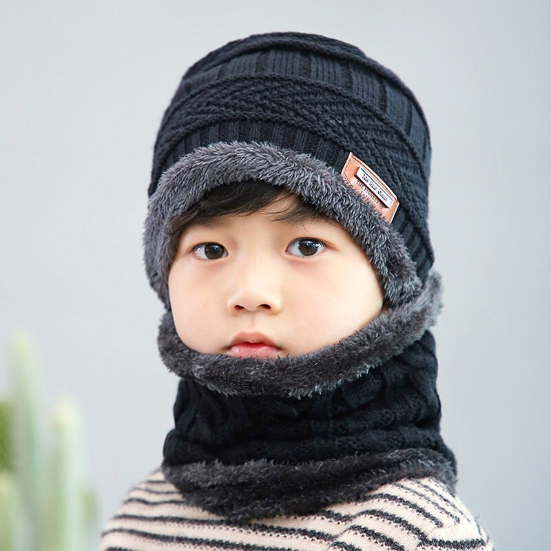 Børns bomuldshue tørklæde pil mønster strik hatte dreng afslappet varm hovedbeklædning plus fløjl fortykkende hagesmæk baby løs: Sort