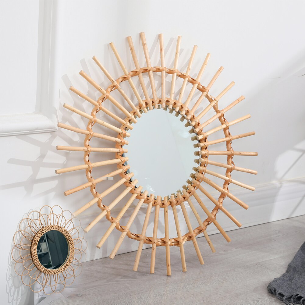 Art Deco Bathroom Wall Hanging Compact Round Interior Living Room Clear Rattan Dressing Mirror Space Saving Home Portable