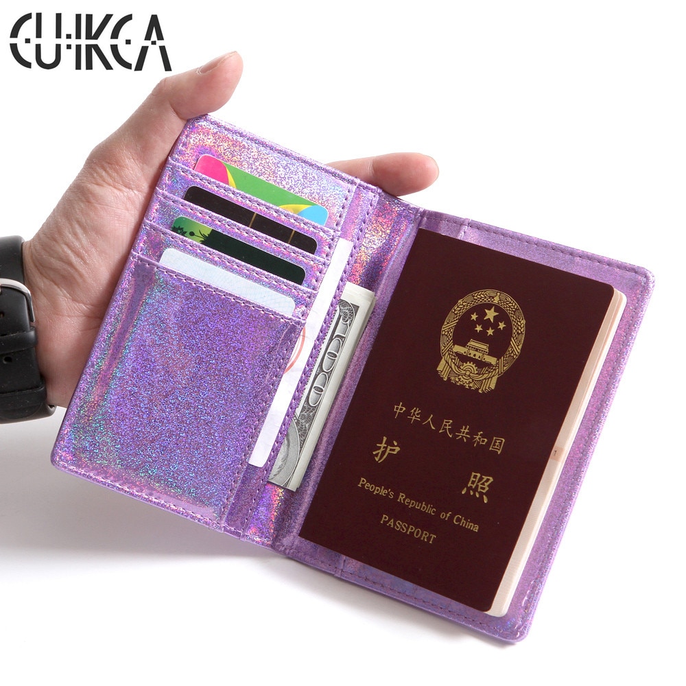 CUIKCA Passport Package Cover Flash Sequins Shine Glitter Leather Wallet ID Card Cases Holders Passport Bag Air Ticket Holder