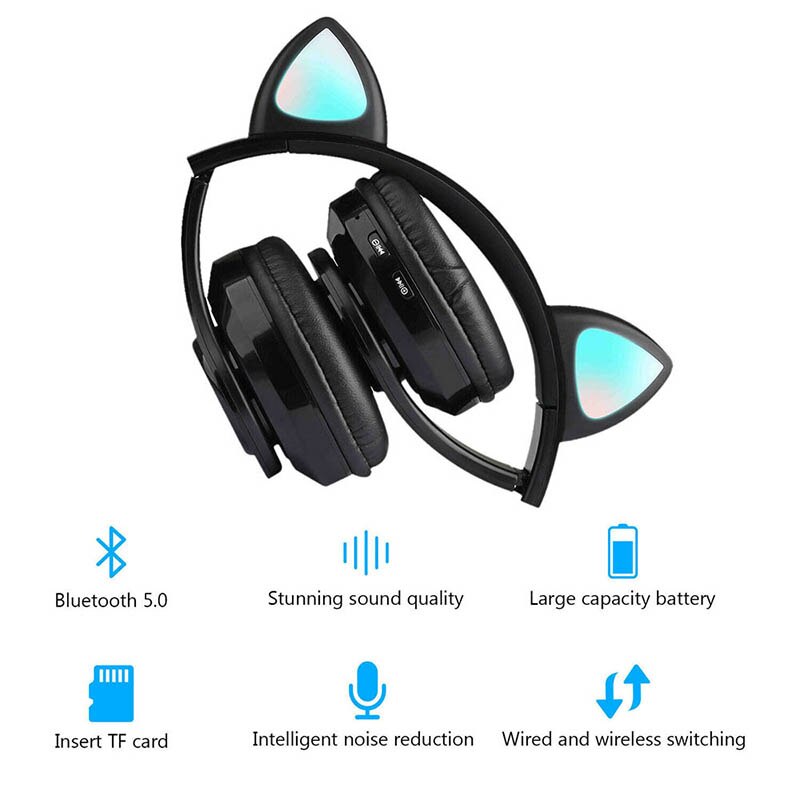 Wireless Earphone Headphone Bluetooth Headset Cat Ear Earphone LED Lights 400 MAh With Microphone For PC Laptop Headphones