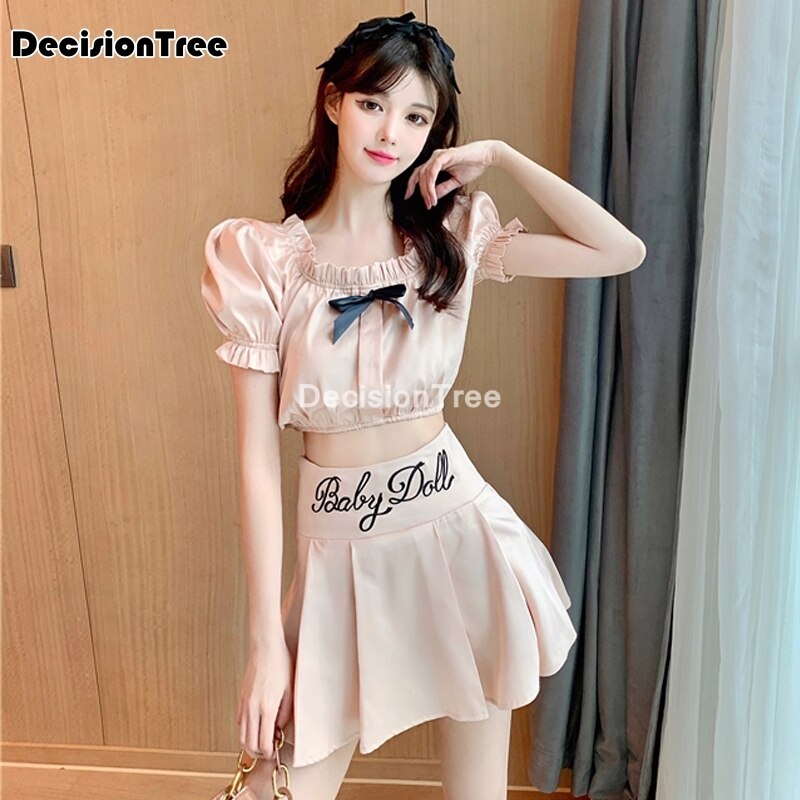 Meisje japanse koreaanse student schooluniformen strik satijnen jk shirt matrozenjurk vrouwen kawaii zoete geplooide rok pak set