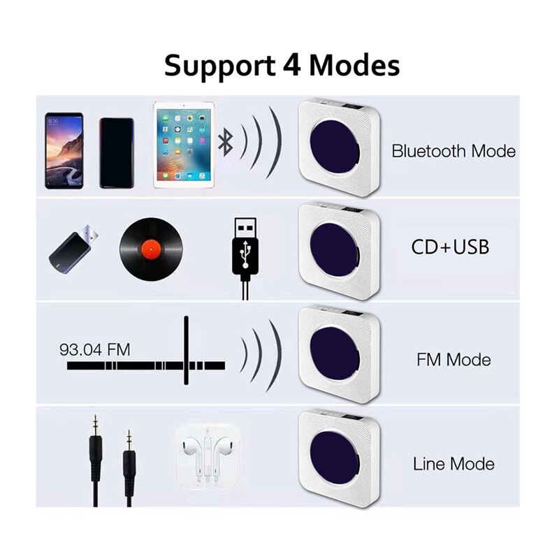 KC-809 Wall-Mounted CD Player Bluetooth Speaker Portable Home Audio Boombox With Remote Control FM Radio