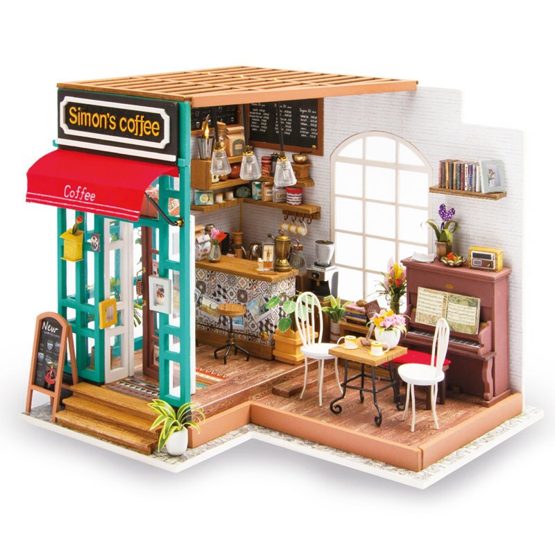 Robotime 15 Kinds DIY House with Furniture Children Adult Miniature Wooden Doll House Model Building Kits Dollhouse Toy: Simon coffee