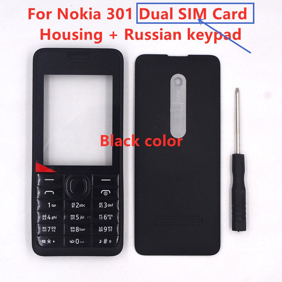 HKFASTEL 301 Housing For Nokia 301 Single Dual SIM Card Mobile Phone Cover Case + English Russian Arabic Keypad + Tool: Black Dual Russian