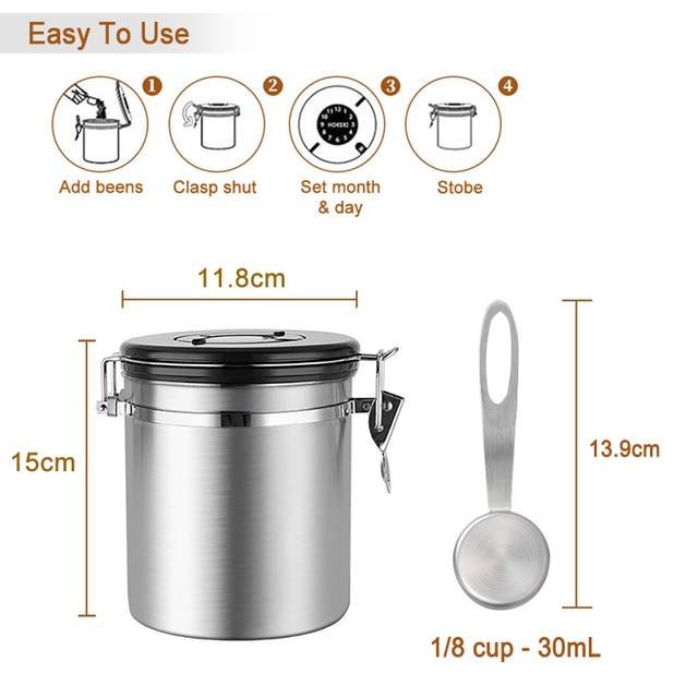 Coffee Storage Container Airtight Stainless Steel Coffee Canister Vault Coffee Bean Container with CO2 Valve to Keep Beans Fresh: M