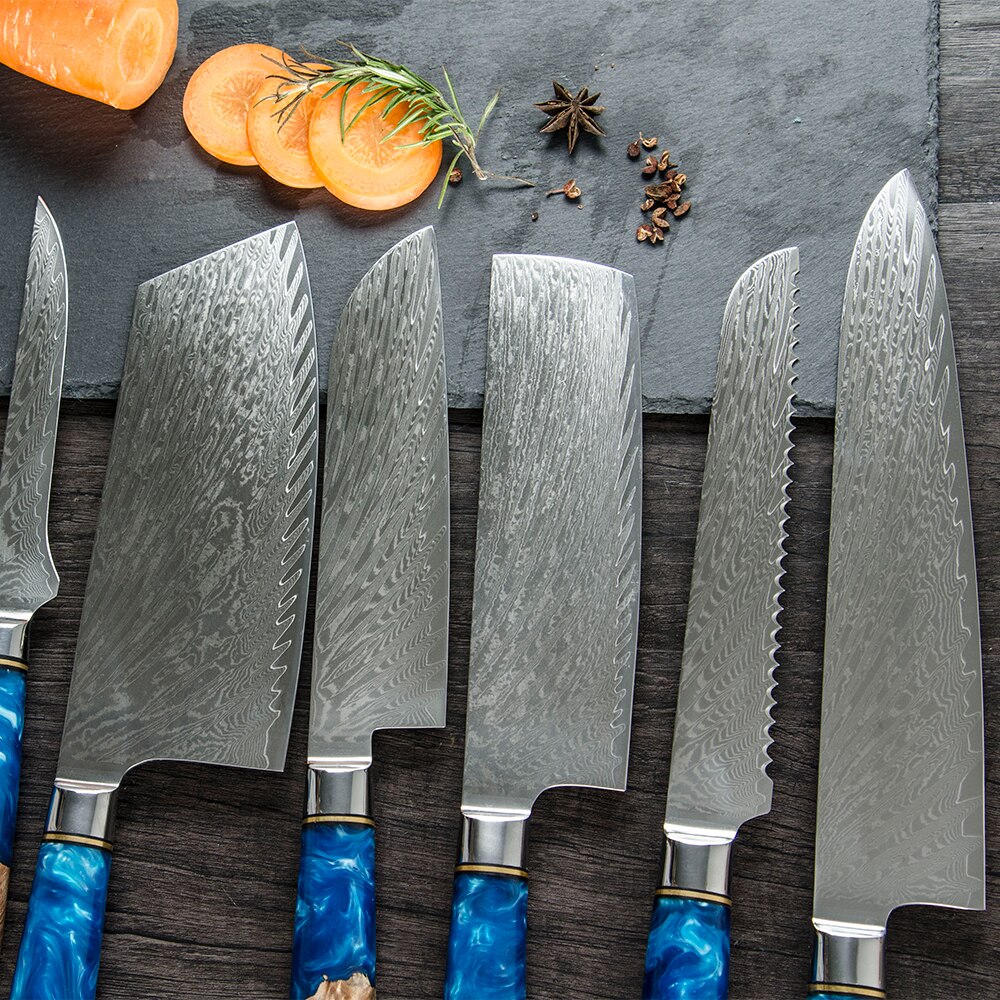 Damascus Steel Butcher Kitchen Chef Knives Set Chopper Meat Chopping Knife Resin Color Wood Handle Cutter Chopper Slicing Tools