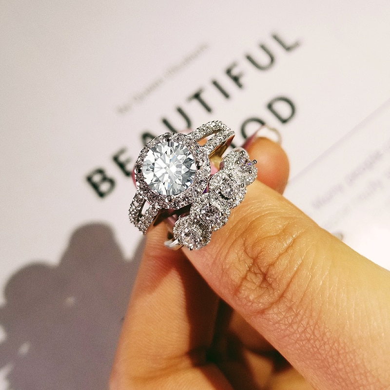 luxury round 925 sterling silver wedding ring set for women lady anniversary jewelry bulk sell R5129