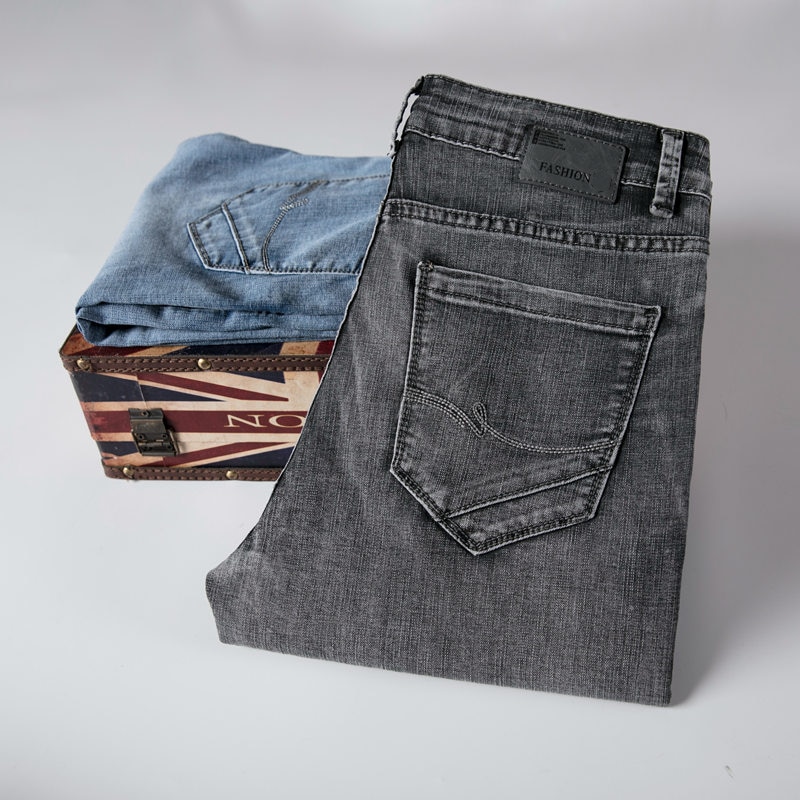 jeans menn vanlig snitt virksomhet tøye ut lyseblå grå vår sommer rett uformelt menn jeans lange bukser mannlig hombre