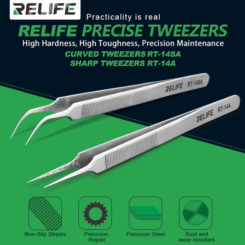 Relife-Pinzas RT-14A para reparación de teléfonos móviles, pinzas antiestáticas antideslizantes de alta dureza, punta fina de precisión, reparación de chips, RT-14SA