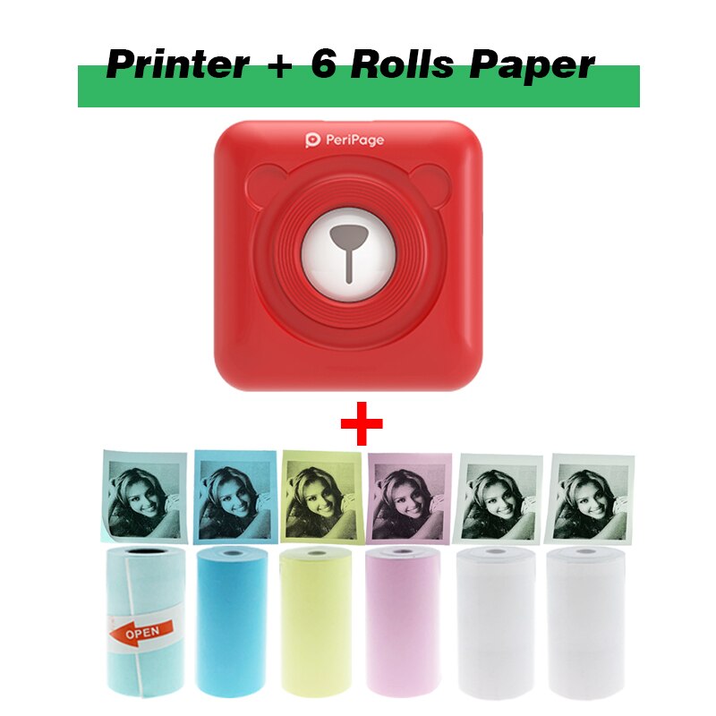 Peripage Portable Pocket Mini Photo Thermal Printer Wireless Sticker Printing Machine Free APP Support Multi-Language For Phone: Red  6 rolls paper