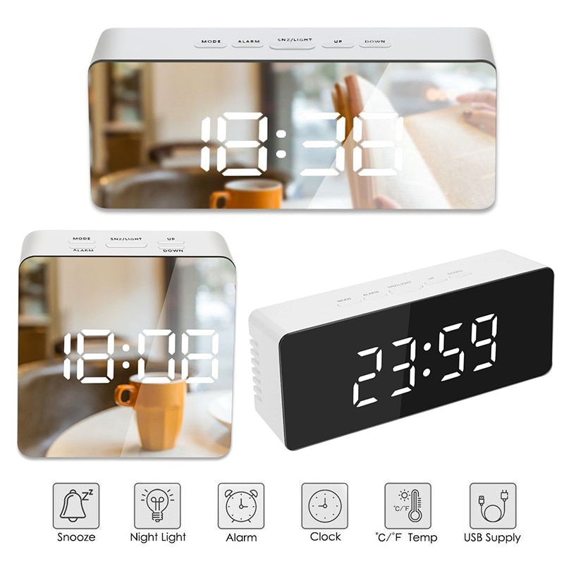 Led digitalt ur soveværelse spejl rejsealarm snooze bordur vækketid temperatur natdisplay til hjemmekontorindretning