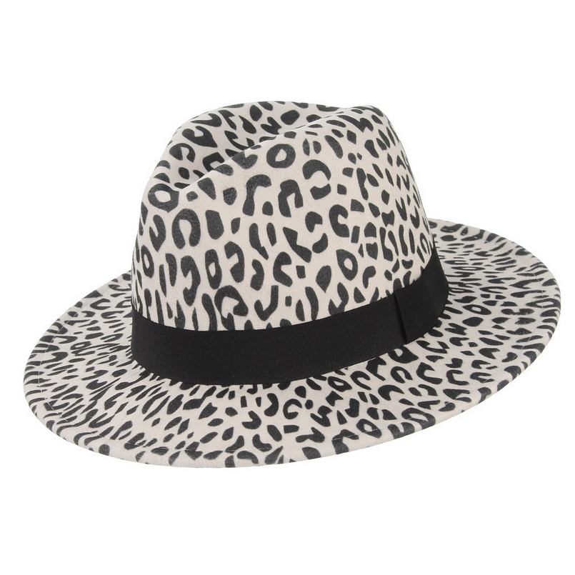 Gemvie bred skygge leoparduld fedora filthue til kvinder varm vinter panama hat jazz kasket med bånd: Beige