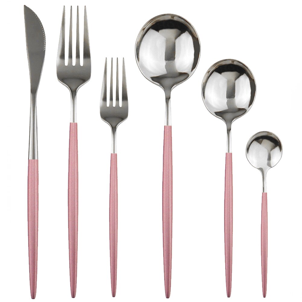 4 sæt blå bestik sæt 18/10 rustfrit stål bestik sæt regnbue service sæt opvaskemaskine sikker kniv gaffel dessert ske teske: Lyserød sølv