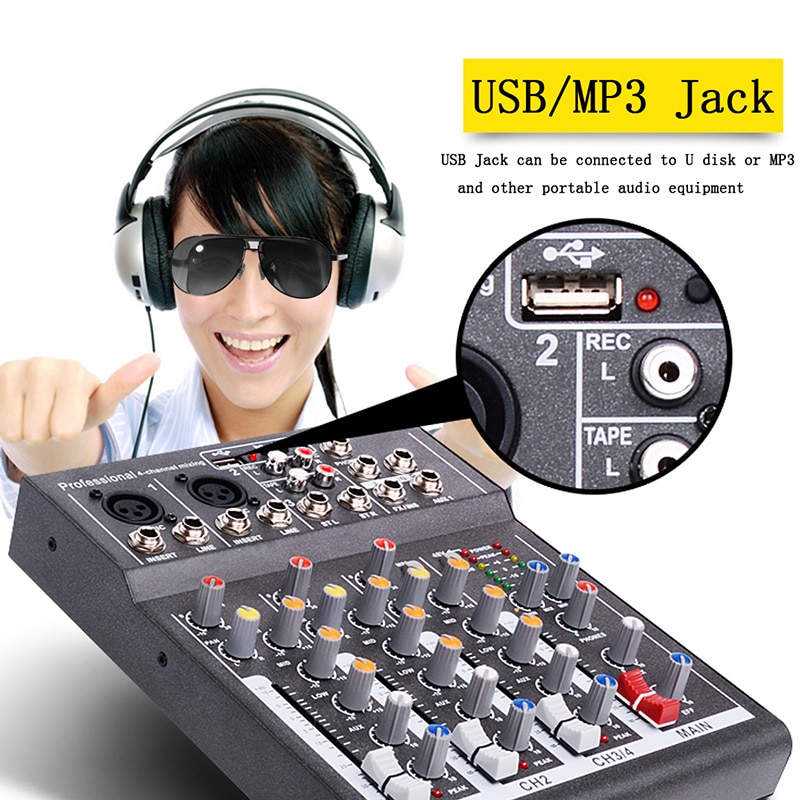 Mini Portable Audio Mixer with USB DJ Sound Mixing Console MP3 Jack 4 Channel Karaoke 48V Amplifier for Karaoke KTV Match Party