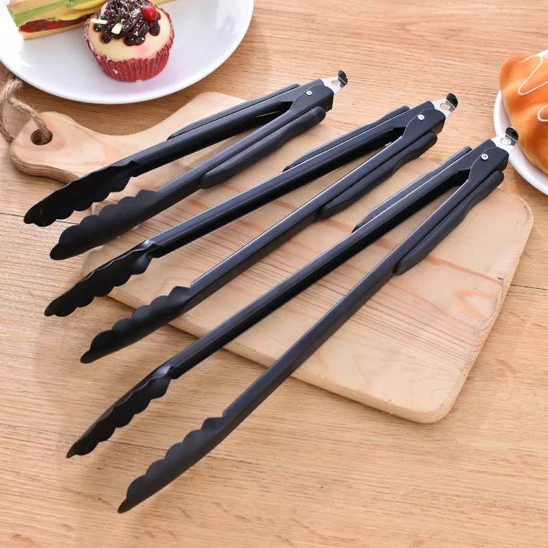 Herramienta de cocina, pinza para pan, accesorios para barbacoa, de acero inoxidable, para hogar, ensalada negra, pinza para hornear, para comida, para acampada y