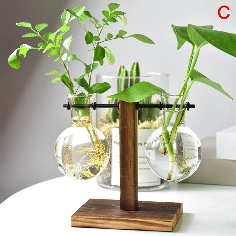 Table Desk Bulb Glass Hydroponic Vase Flower Plant Pot with Wooden Tray Office Decor FEA889: c