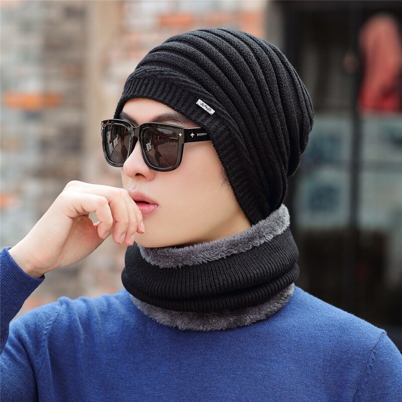 Herfst Winter Mannelijke Hoeden Sets Warm Gebreide Wollen Mutsen Sjaals Pak Jongen Cap Hals Kraag Dikke Pluche Mannen Hoed Sjaal 2 stuks Set: hat scarf black