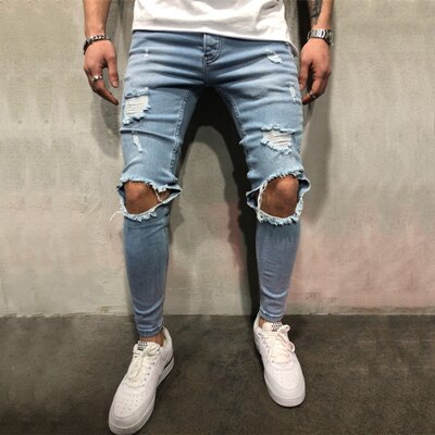 Jean déchiré au genou pour hommes, coupe haute extensible, pantalon de jogging bleu délavé, troué Hip-hop, motard: B2005 blue / S