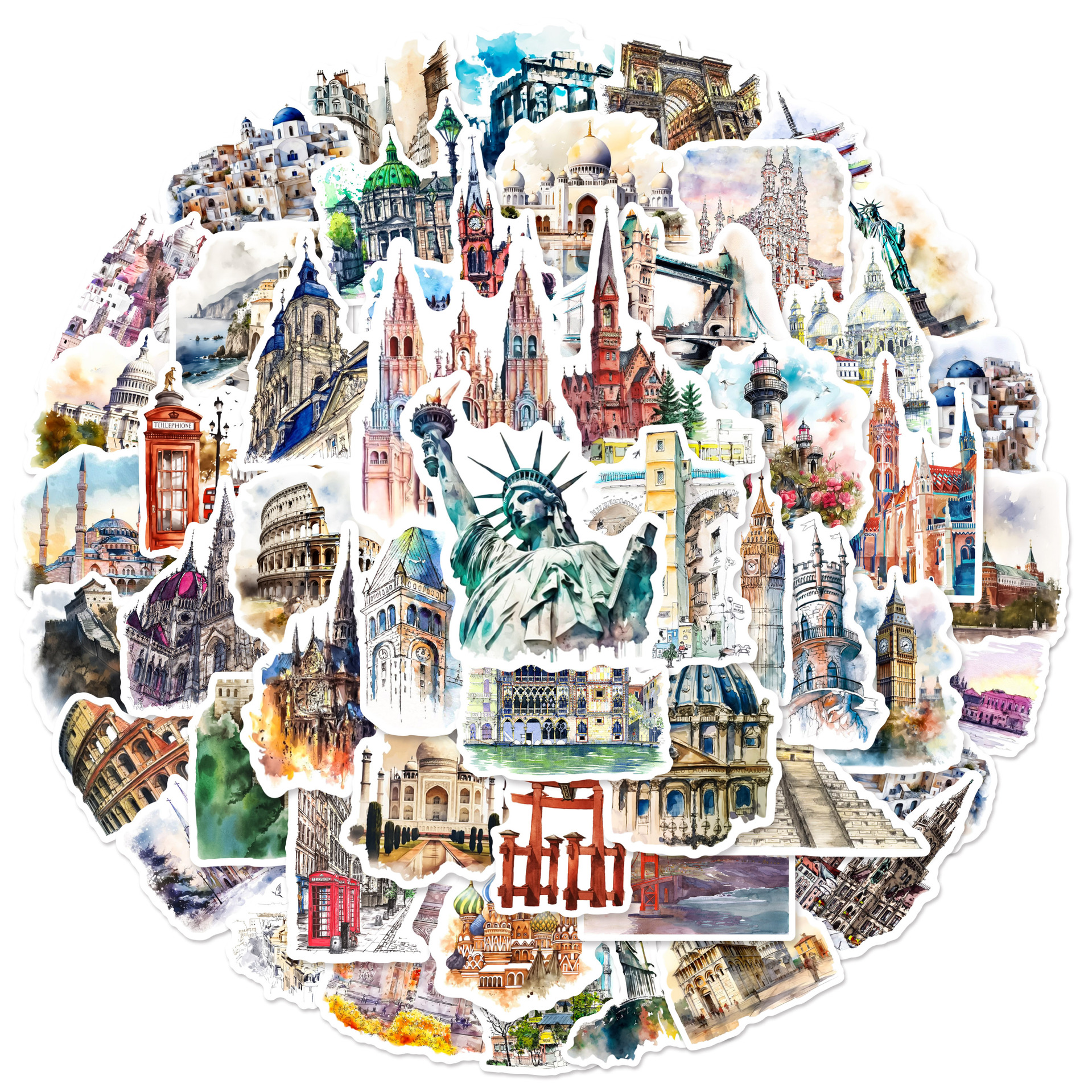 50 sztuki światowej sławy budynków, estetycznych zabytków turystycznych, różnorodne naklejki dla dzieci do scrapbookingu, dekoracji samochodów, graffiti: Default Title