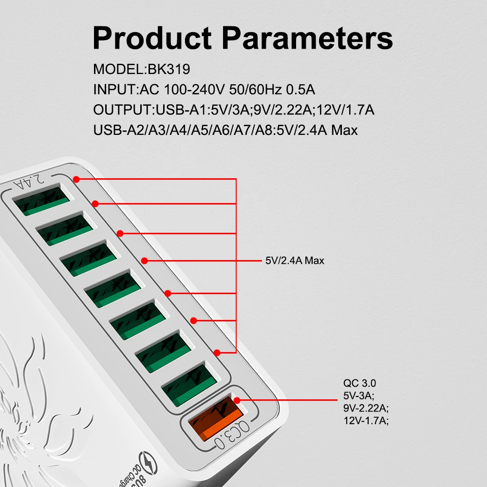 65W Huishoudelijke 8 Poorten USB-oplader met datakabel voor meerdere apparaten USB Snel opladen Muuradapter Quick Charge 3.0 Oplader