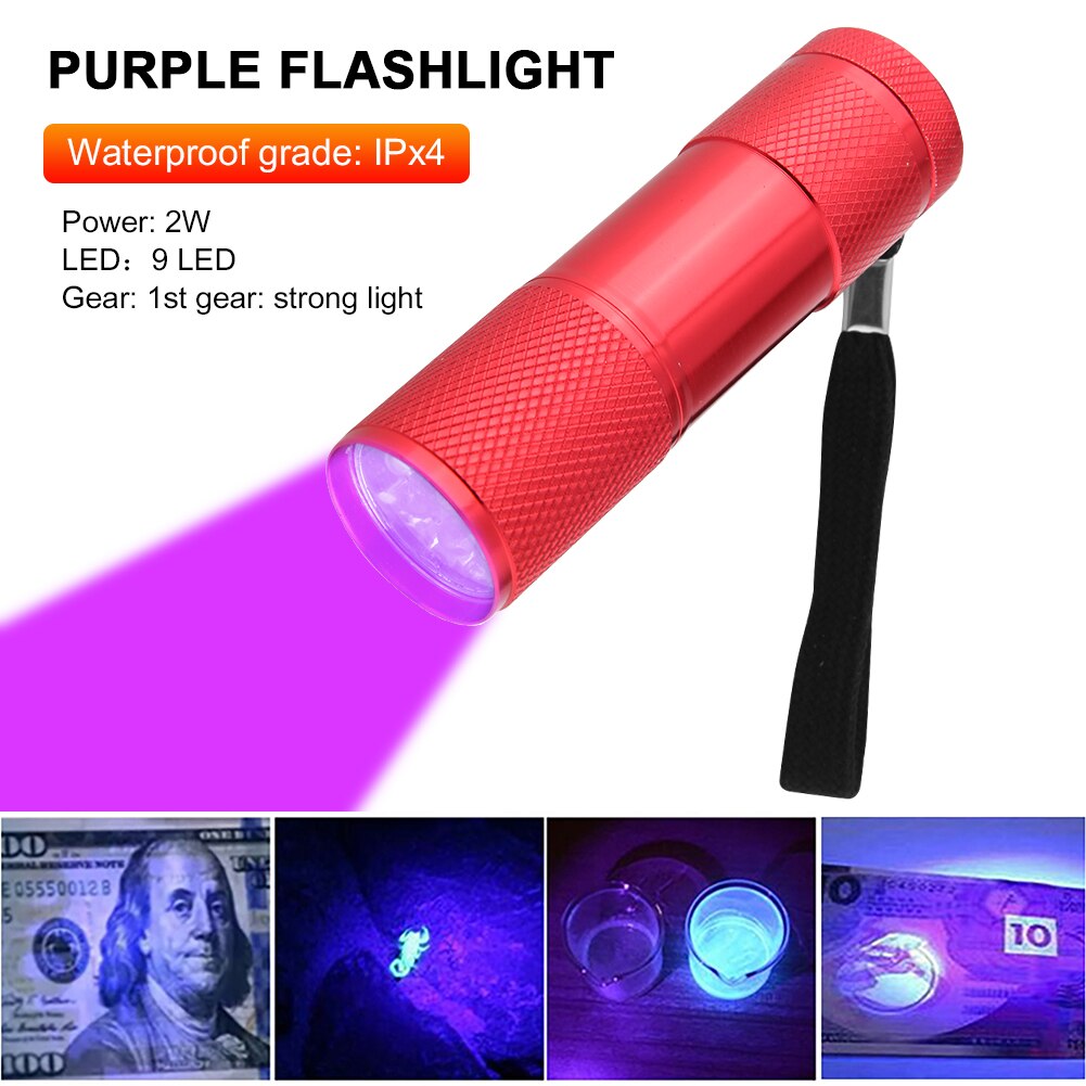 9LED UV Lamp Mini Portable Flashlight Purple Light 395nm Backlight Ultraviolet Torch powerful UV flashlight Torch Detector Lamp: 02 Red