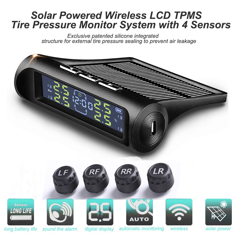 An-01d deux-en-un horloge et pression des pneus voiture solaire Tpms horloge Lcd affichage sans fil système de surveillance de la pression des pneus