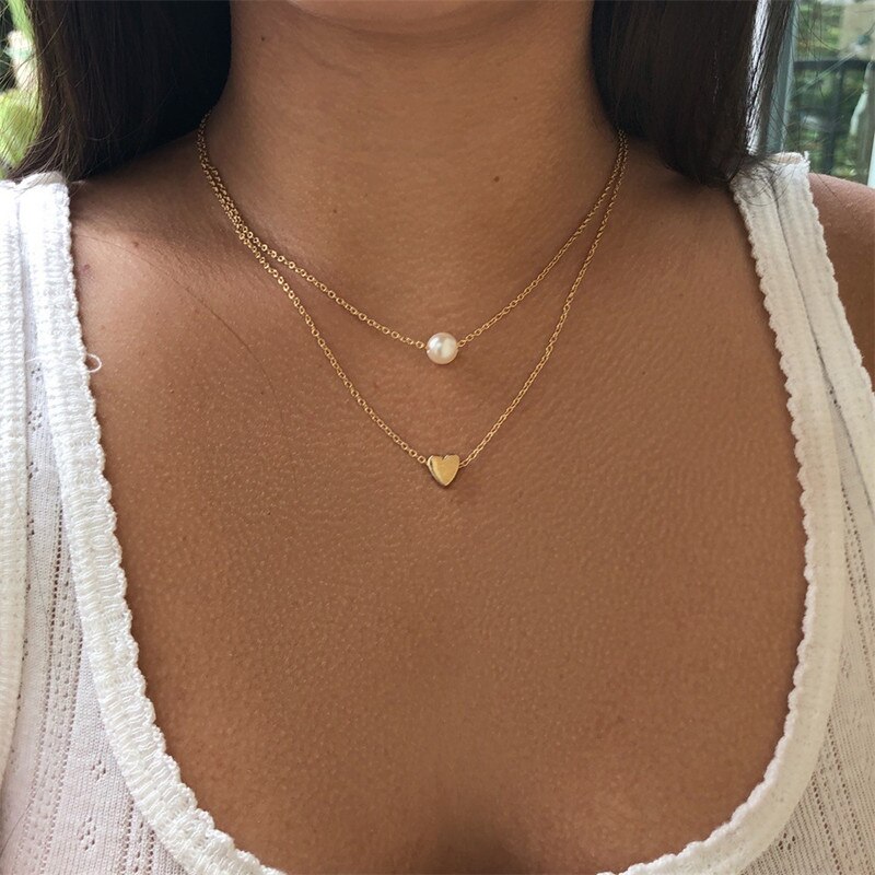 Trendy Girocolli Per Le Donne Oro Argento Colore Doppio Strato Collana Di Modo Regalo Per Amico Del Cuore Dei Monili del Collo Dropshipping: h