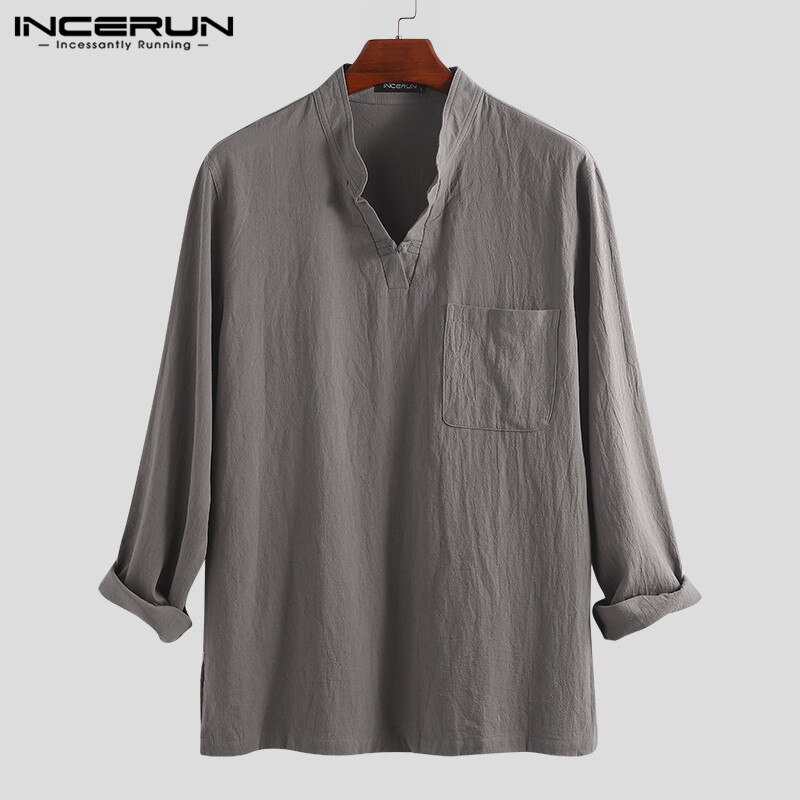 INCERUN Mens Shirt Vintage Long Sleeve V-neck Cotton Linen Men Tops Plus Size Chinese Style Loose Mens Casual Shirts Camisa