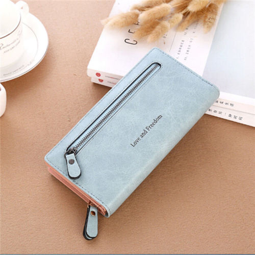 Women Wallet Love and freedom letters printing Lady Clutch Leather purse Long Card Holder Phone Bag Case Purse Handbag cartera: Light Blue