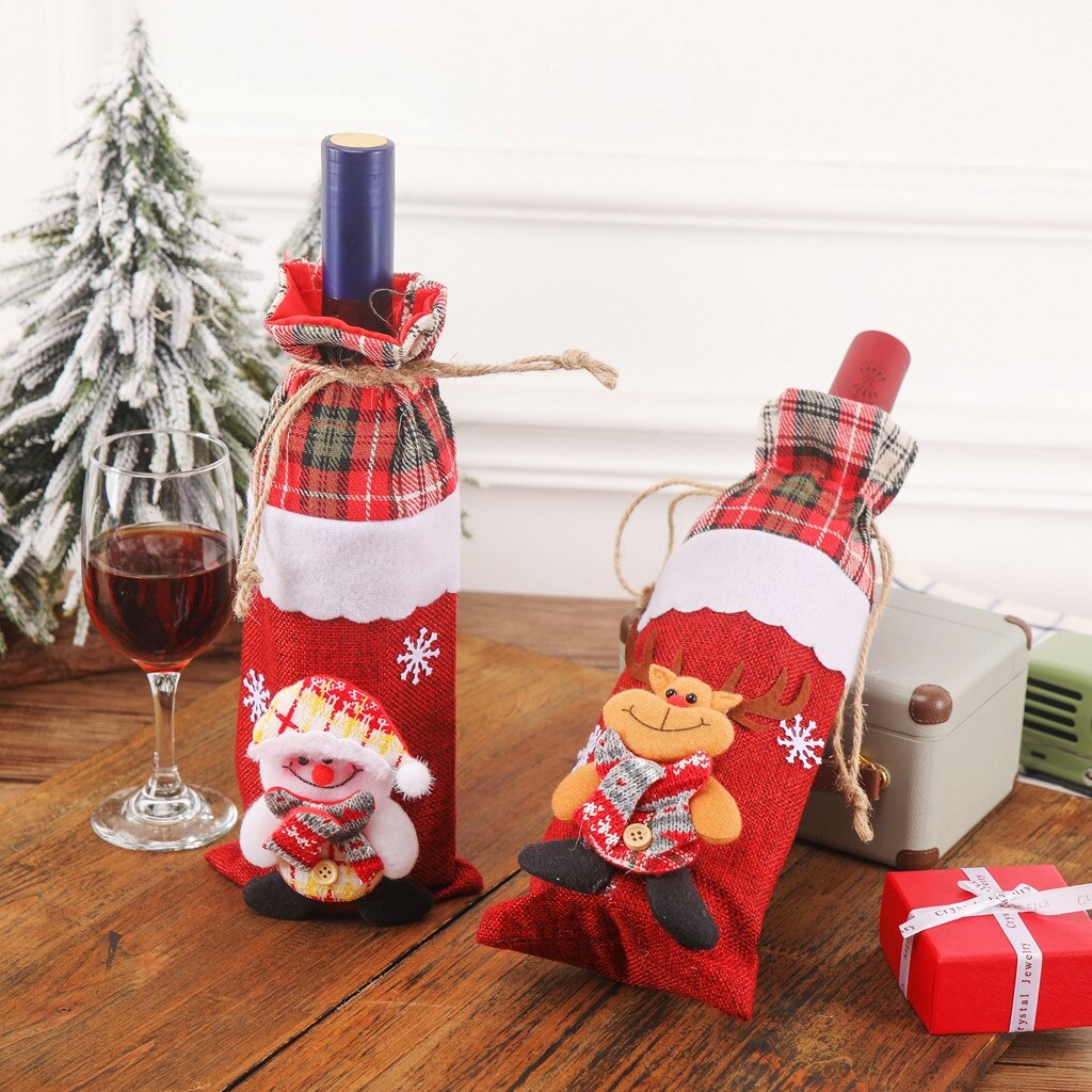 Jul vinflaske indretningssæt santa claus snemand flaskedæksel tøj køkken dekoration til år xmas middag partya 30910