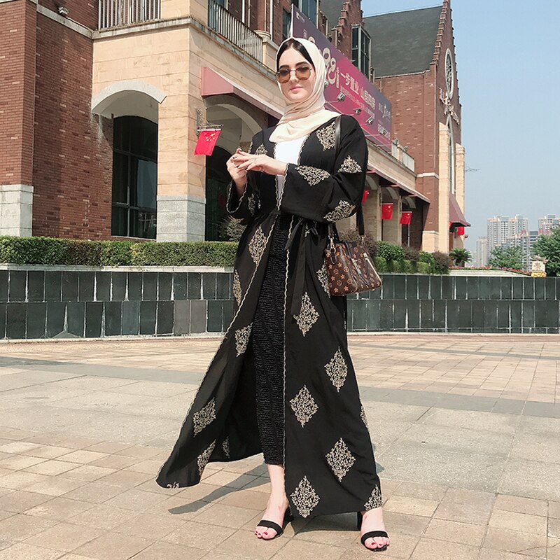 Dubaï ouvert Abaya Kimono Musulman Hijab Robe Caftan Abayas vêtements islamiques pour les femmes Caftan Marocain Qatar Kleding Robe Musulman: black cardigan / S