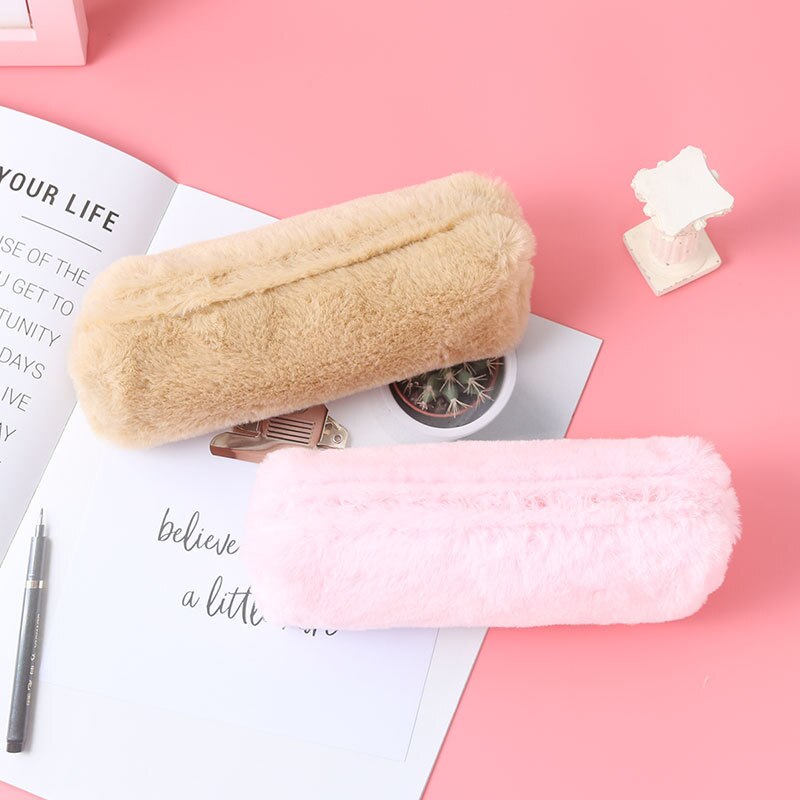 Estuche para lápices Kawaii, estuche de pelo bonito Color rosa, estuche para lápiz de Color sólido para niñas, estuche para lápices, Papelería, Material Escolar encantador